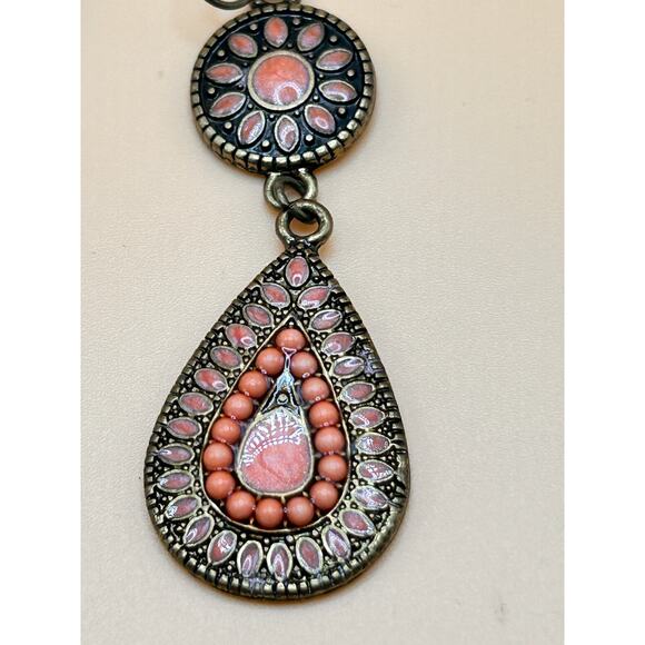 Bright Orange Dangle Earrings Southwest Style Teardrop Dangle Brass Tone 2.5” - Picture 2 of 3